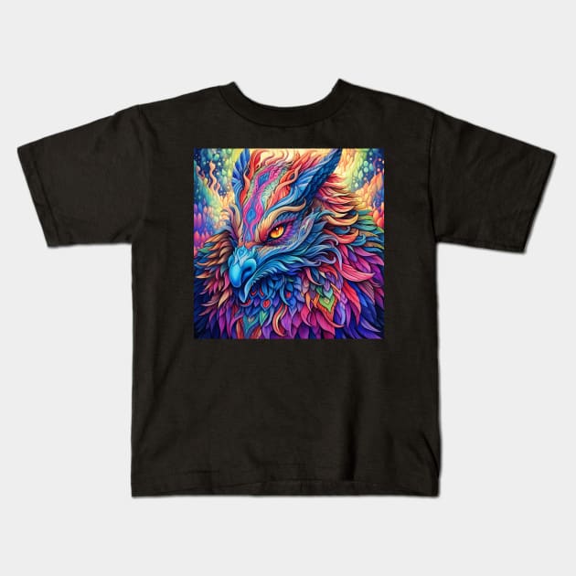 Wings of Wonder: Discover the Fantastic Creature, a Mythical Bird of Vibrant Colors and Astonishing Splendor Kids T-Shirt by insaneLEDP